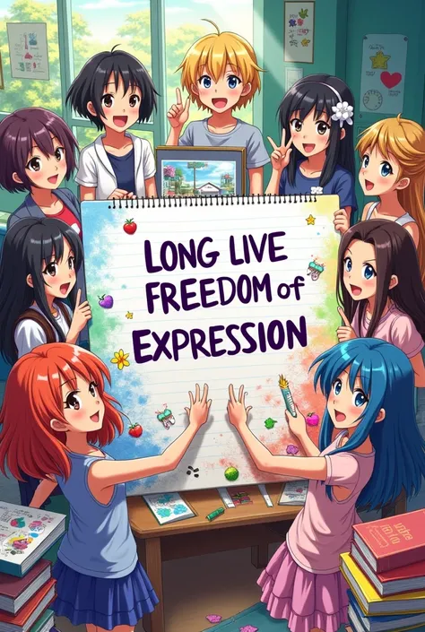 Make me a poster (A notebook sheet of those who use to study) Let it say long live freedom of expression and that it is the anime type