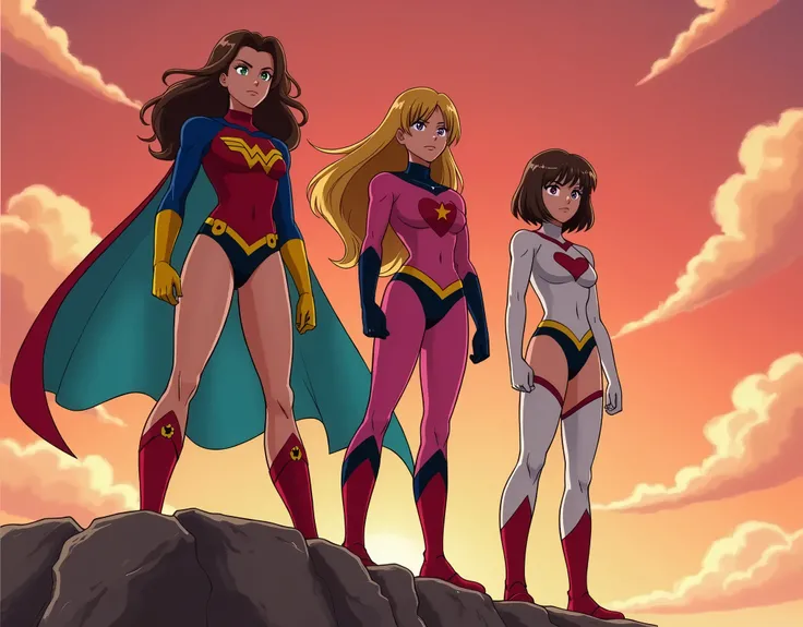 Three women stand on a rugged cliff with serious expressions, gazing into the distance in heroic stances, illuminated by a dramatic red sky. (All are barelegged:1.4). The first woman has green eyes and wavy brown hair. She wears a red high-leg leotard with...