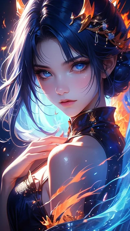 Create a close-up portrait of a beautiful woman with an ethereal and mystical appearance. Her skin is a glowing blue shade, and she has strikingly intense blue eyes that seem to radiate power. Her long dark blue hair flows around her, with fiery orange and...