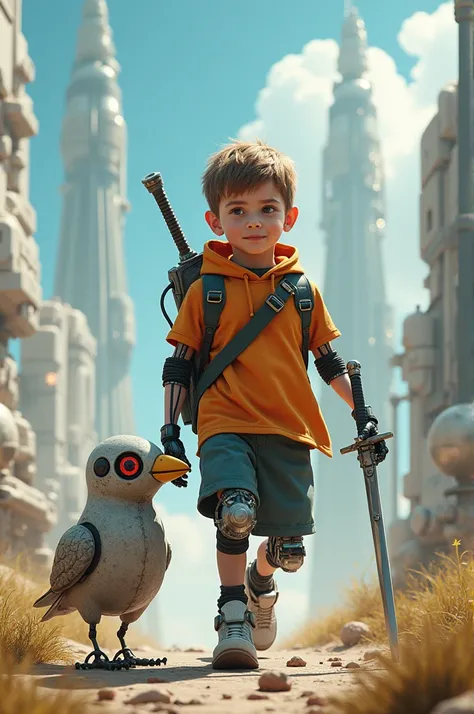 videos a half-robot boy carrying a sword accompanied by a robot bird