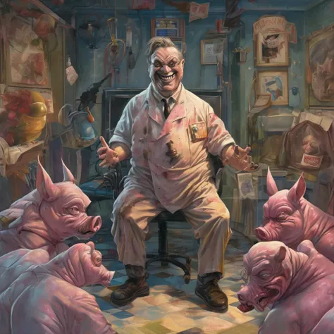 (((BRUNO AMADIO CURSED oil style))),((pastel light colors)),(((CURSED DARK FANTASY ENVIRONMENT))),(((cursed mental sanatorium atmosphere))),(((Professor Pyg from batman))), (((Professor Pyg is crazy schizophrenic human with a dement laugh ))),emerging from...