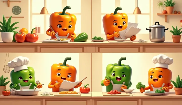 "Split-panel digital artwork showing four scenes of orange and green bell pepper characters learning to cook: chopping vegetables, reading recipe books, stirring pots, and decorating plates. Bright, cheerful colors, isometric style, cohesive layout.