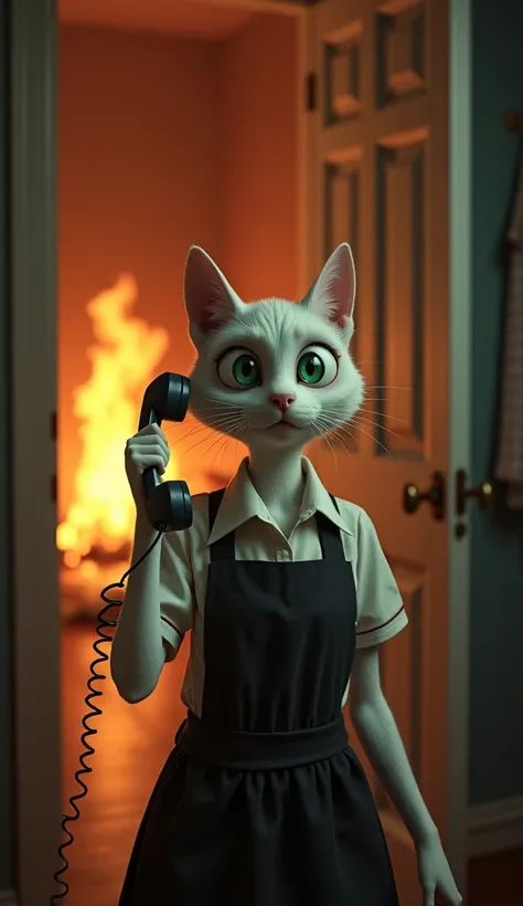  Create an image of an anthropomorphic cat with white skin and big green eyes ,  wearing a white shirt and a black apron ,  holding a wired telephone in her hand with an expression of concern .  She is in a domestic environment ,  with an open door in the ...