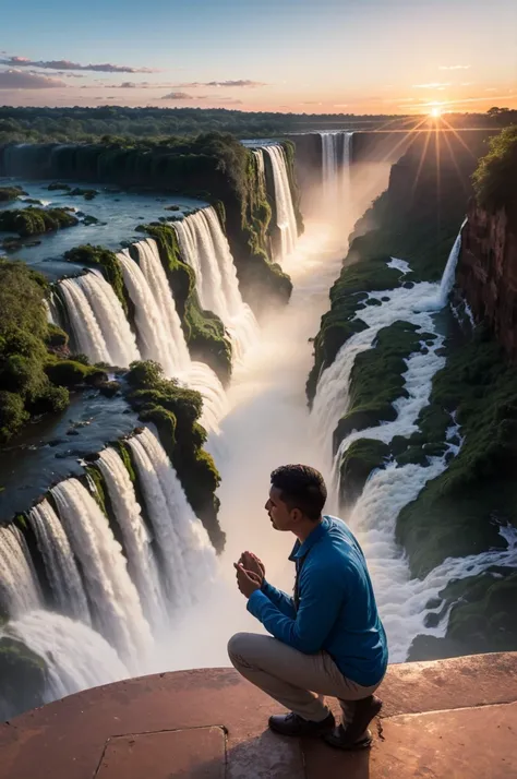 A man on his knees asking for his wifes hand in the Iguazu Falls at sunrise
