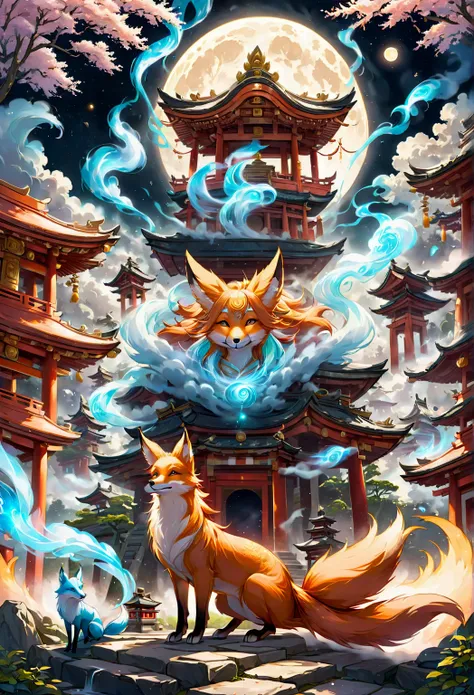 magical creatures , fox, magical fox, (fox with magical aura and white smoke), at the shrine , full moon in the background, (mas...