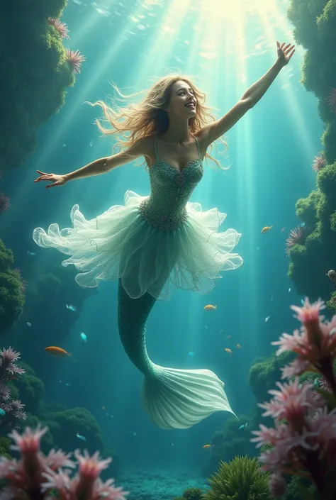 A full body of a mermaid happily playing in the deep colourful ocean. Make her wear flowy dress for her upper body 