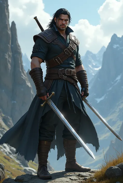 A  male with black hair and blue eyes and 2 swords on his waist