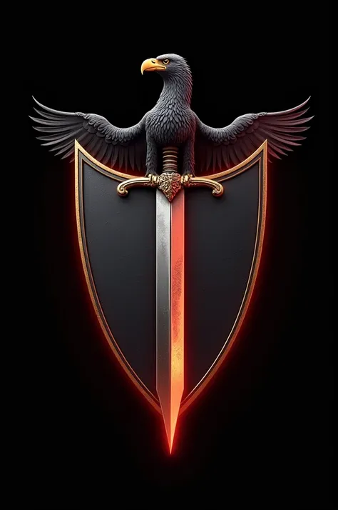 Create a school logo :

 Na has an imperial sword crossing the shield from top to bottom,  with the vulture perched with wings open on top of the shield .  The shield would be the center of the logo ,  with a black background and the gold or silver details...