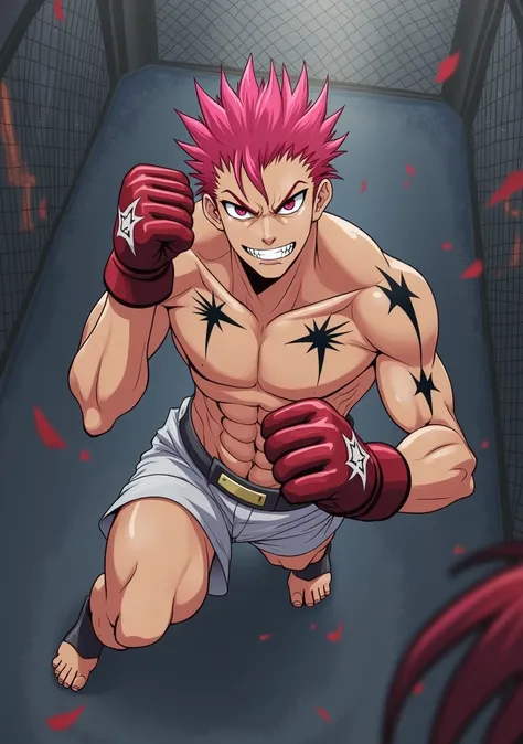 Ryomen Sukuna Anime boy style character Fighter with spiky pink hair and red eyes and defined body white skin and red UFC style gloves and no shirt, white shorts, black anklets fighting pose, joker style smile in an underground fighting arena, looking at v...