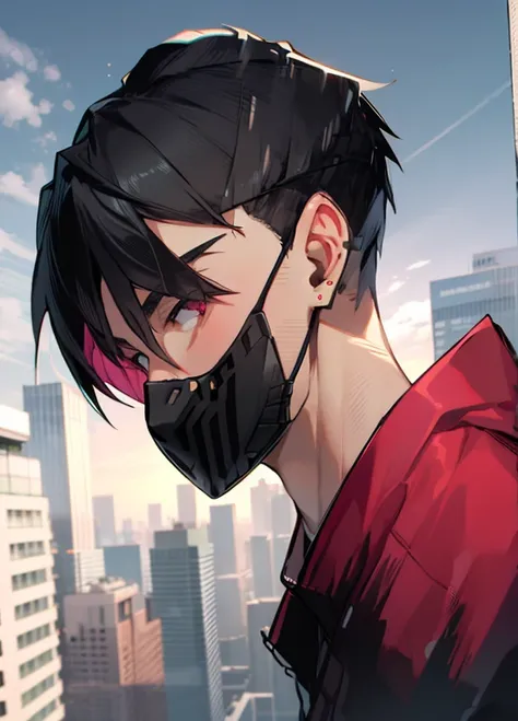 1boy, black hair, shining pink eyes, profile, black sweatshirt, cloth mask, in the city, surrounded by people
