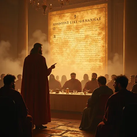 "Daniel in front of the writing on the wall ,  explaining the message to King Belshazzar ,  with an atmosphere of tension and fear .  Scenario of a banquet hall with a supernatural writing on the wall and people in panic."