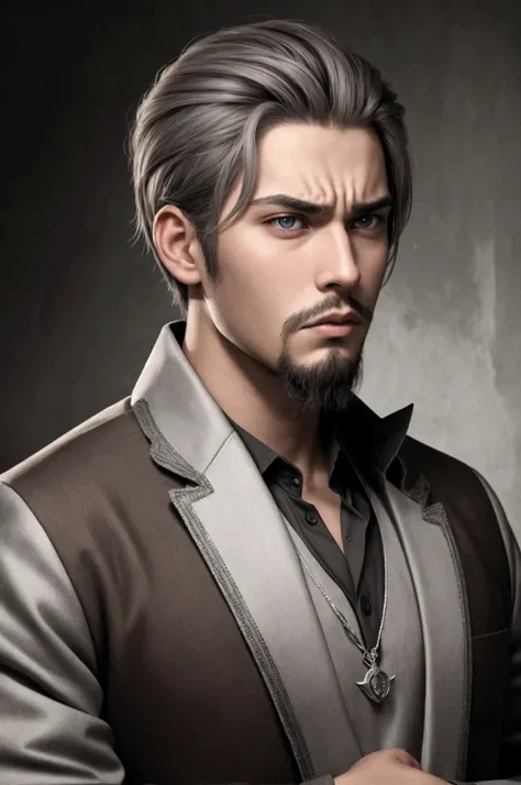 Teen boy. very straight, gray gourd-shaped hair, with a goatee-style beard short.
Brown-black skin
Light gray eyes.
angry facial expression