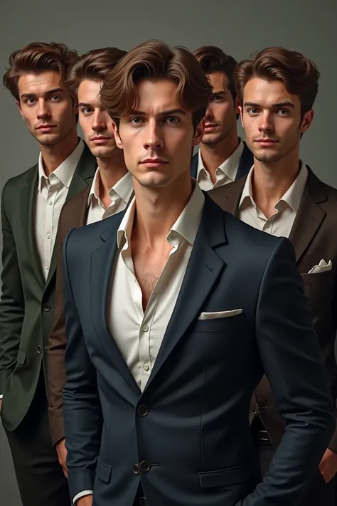 ((best quality)), ((masterpiece)), (detailed), perfect face.  Make 5 men with different characteristics, wearing dress clothes in different styles 