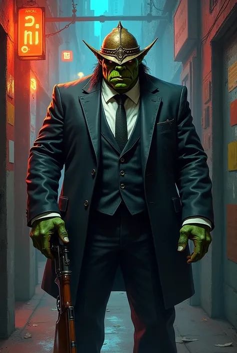 Orc mobster dressed in a suit wearing a medieval magic helmet carrying an old rifle in an impressionist-style nightclub