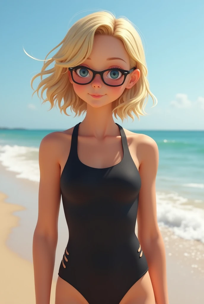 A photorealistic cute nerdy girl with blonde dyed short hair with black glasses. She is only dressed in a black two-piece swimsuit, near the beach. She is 20 years, she has an innocent smile, and a thin face, she is a little skinny and has small breasts an...