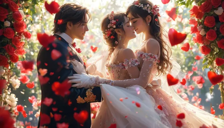 A passionate kiss unfolds between a couple surrounded by an environment rich with flowers and heart motifs. The woman’s elegant, sensual attire adds grace and allure to the scene. The romantic atmosphere is intimate and filled with vibrant details that cel...