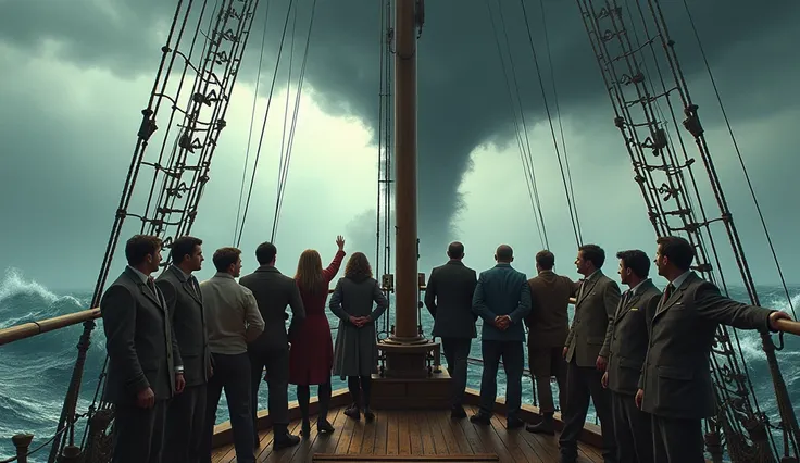 fourteen people on the deck of a sailing ship posing for a photo, with stormy seas ahead including a tornado