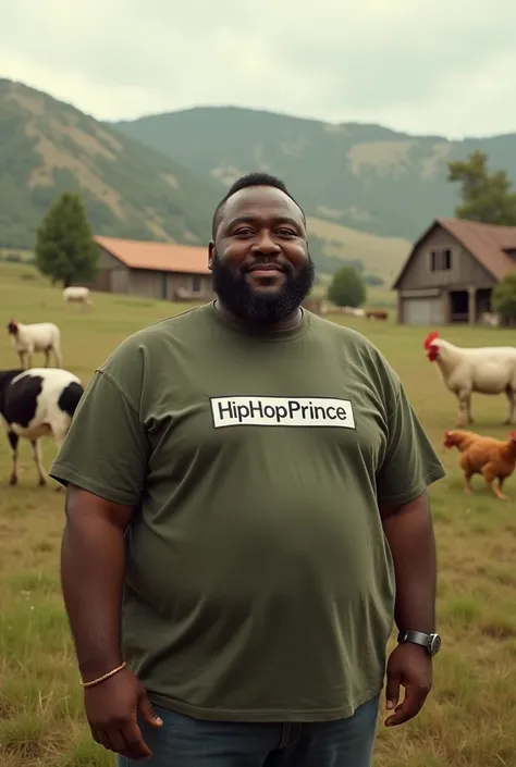 Photo of a dark chubby guy wearing a hiphoprince tshirt monitoring his farm and livestock 