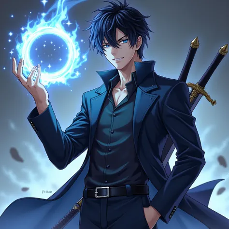 High Resolution, A  male with black hair and blue eyes, wearing a jacket and 2 swords on his waist and holding a portal in his hand. and anime drawing wearing a jacket