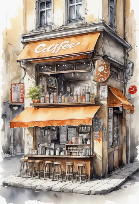 Funny cute, tinny cute caffee bar, ink and wash, front view, (Best quality, perfect masterpiece, Representative work, official art, professional, High detail, Very complex detailed:1.3)