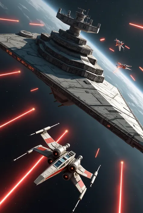 stunning cinematic x-wing starfighters attacking an imposing imperial star destroyer,highly detailed, hyperrealistic, epic space battle scene, dramatic lighting, dynamic composition, intricate spacecraft and mechanical details, photorealistic,studio qualit...