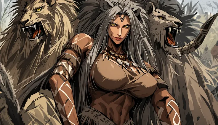 female focus, lion woman, mature, crows feet:1.3, very tall, broad shoulders, fit, bulky body, extremely long hair, tied hair, cavewoman, prehistoric, large beast claws, camp, day, close up, slit pupils, yellow eyes, barbarian, pelt clothes, tribal chief, ...