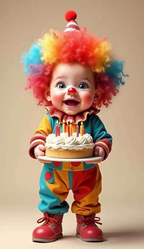  An 8-month-old baby holding a birthday cake ,  He is dressed as a clown ,   he is standing full body from head to toe 