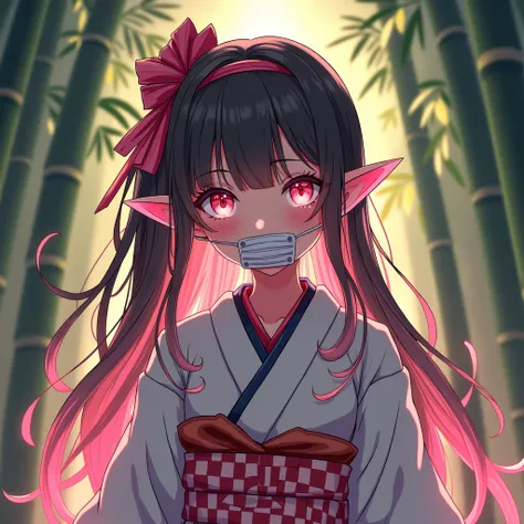 masterpiece,  best quality,  high resolution , venus1, 1 girl, Alone, Tsuko Kamato, Bamboo,  BROWN HAIR,   checkered belt , gag, gag, Gradient hair , Haori,  Japanese clothing, Kimono, langes Haar,  looks at the audience , Pink eyes, pink Kimono, pink ribb...