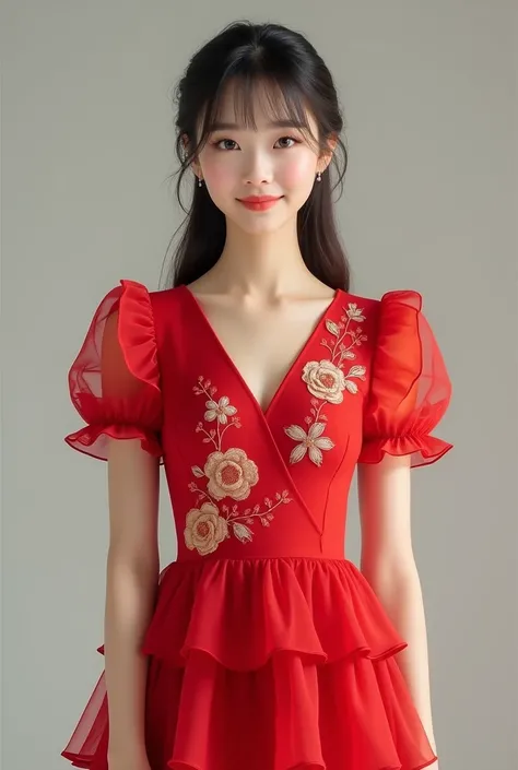 
 Photorealistic FULL HD 2K, Asian beautiful young lady, bangs hair, smile I would like to order a red short-sleeved ruffled dress with floral embroidery, featuring a v-neckline and layered ruffles on the skirt."