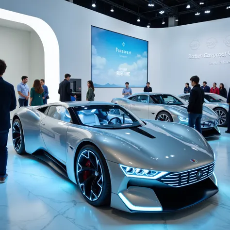  Exhibition at the Fleet Store Customers walk looking at Cars of the Future fly without wheels with neon rims and diamond-shaped doors that open, beautiful transparent windows showing a leather interior and a figure-eight steering wheel ,  beautiful Auto i...