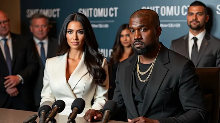 Incredibly highly detailed, 
Kim and Kanye attending a press conference, with Kim in a professional, chic outfit and Kanye in a smart-casual ensemble. Both have poised and confident expressions as they address the gathered media, with microphones and camer...