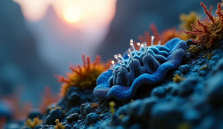 A breathtaking macro shot of the sharp, rocky surface of an alien planet, illuminated by the distant light of a faraway sun. The scene captures vibrant alien lichens and mosses with intricate designs, their living structures adorned with delicate dew drops...