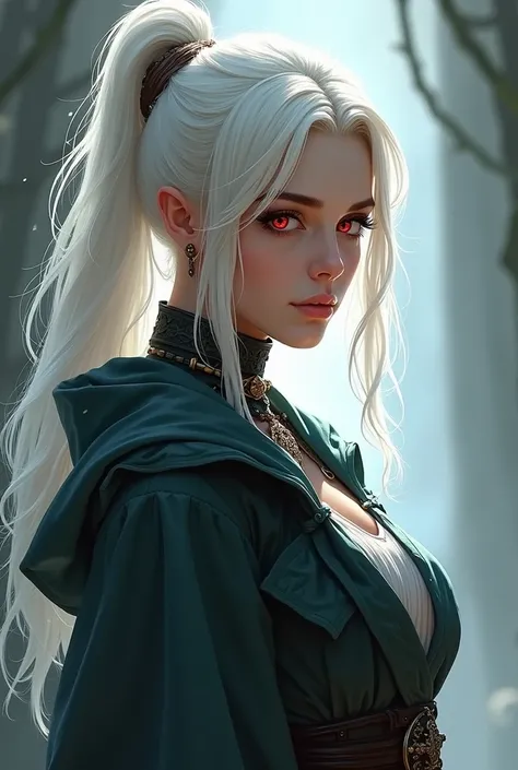 RPG-style image of a young woman with tied white hair and red eyes, Full-body