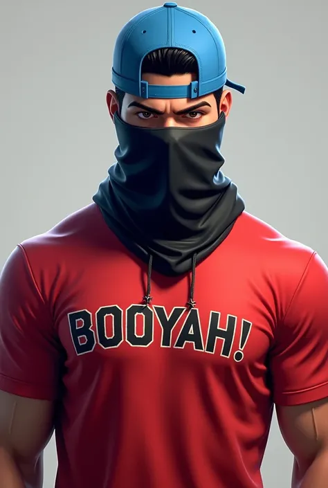 Free Fire game characters masculino blue backwards cap and a completely black neck-length mask and a red t-shirt written Booyah! In red in the middle of the  