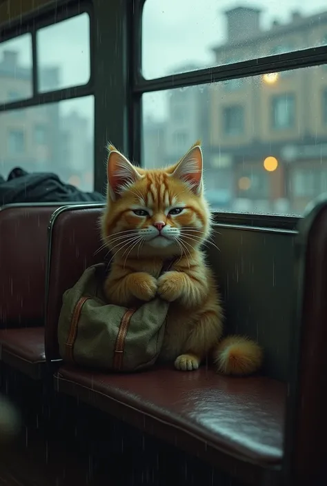 Cat,in bus , with bag, crying, in rainy day