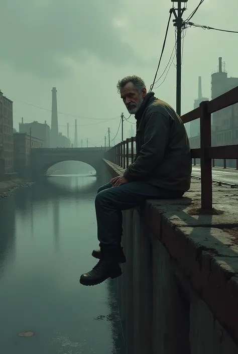 Man with a sarcastic look sitting on the edge of a bridge 