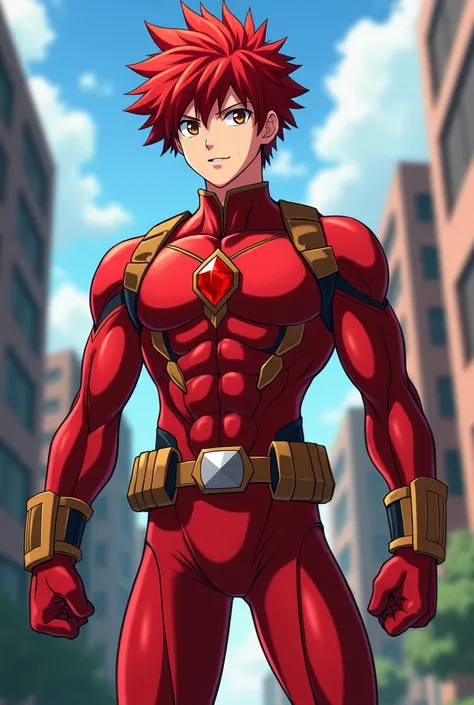   My Hero Academia Style  , Anime Boy, male, young male ,  full body shot ,(Combat Stance:1.3), short hair, Red Hair,   Brown Eyes  ,  small red jewel in the center of the chest , hero suit, Full Body Suit, Red suit with golden details, perfect anatomy, Su...