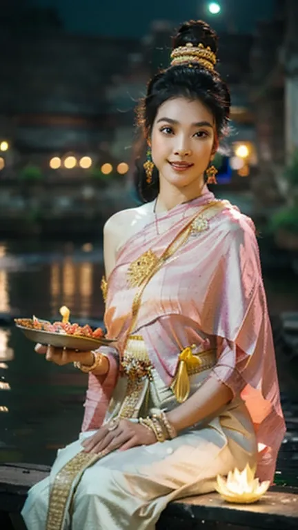 A stunning 8K ultra-high-definition nighttime scene by the riverbank. A beautiful Thai woman, resembling a celestial being, wears an exquisite traditional white Thai dress with gold trim. She sits gracefully on a wooden platform by the water, leaning forwa...