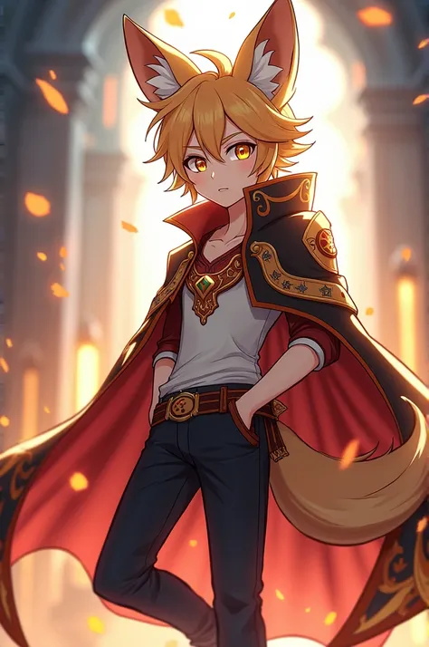  generate an image of a human character of a boy anthropological style like a fox,  anime style, With Genshin Impact costume of a wizard , orange and cream yellow eyes     , strong ,charismatic, friendly , 