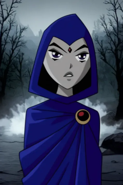 1girl, solo, raven (dc), purple eyes,  purple hair, grey skin, forehead jewel, blue cape covering whole body, long blue cape, wave cape up, night, fog, forest, city, hood covered head, Looking at viewer, High Resolution, Best Quality, Masterpiece, 