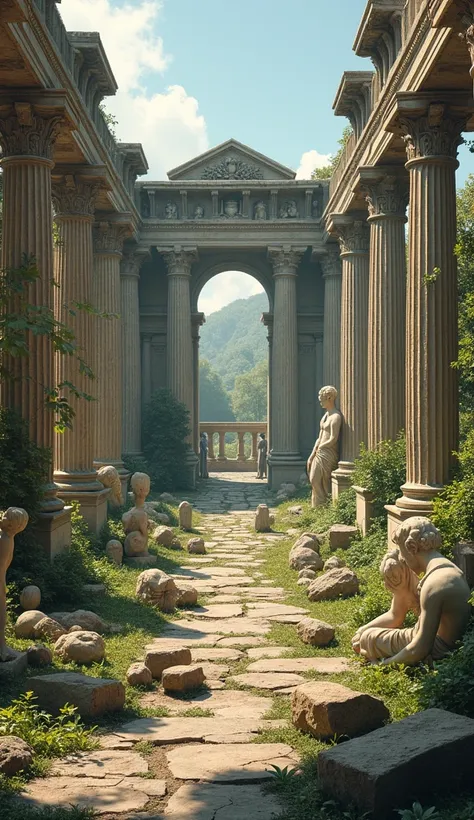 "An artistic interpretation of the ruins of the Mausoleum of Halicarnassus during the Middle Ages, with scattered remnants of sculptures and broken columns. The scene shows ivy growing over the remnants, symbolizing the passage of time."