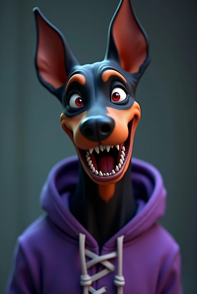 Doberman dog with ears down ,   animated 
With all black eyes red pupils and smile with fangs
 with purple sweatshirt with white laces 