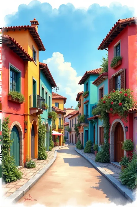 Create on a two-lane road ,  buildings that are at the same time rustic , and modern ,  with diverse and vivid colors on each of the buildings.  And place flowers at every corner of the buildings .  And at the edges of the image create a blurry white margi...