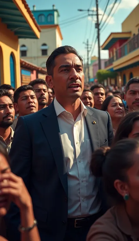  image of President Rodrigo Chaves of Costa Rica , surrounded by many people from the town ,  watching Oscar Arias and Rodrigo Arias with tears in their eyes as people boo them