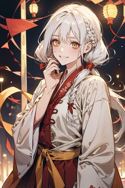 1girl, solo, sweet smile, long hair, braided side hair, pigtails, white hair, yellow eyes, red ribbons, long red ribbons, lanterns hanging in the background, looking at viewer, blue under garment, white long robe detailed with flowers on the sleeves, sourc...