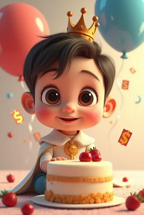  Close-up of a boy like 27 years old from a cartoon，There were balloons and cake, balloon, balloons, , Baby Prince ,  with a crown on the head，official render, balloons,  Disney animation style , Official work, official art, an animated character, backgrou...