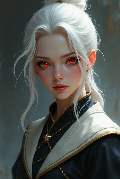 RPG-style image of a young woman with tied white hair and red eyes, Full-body