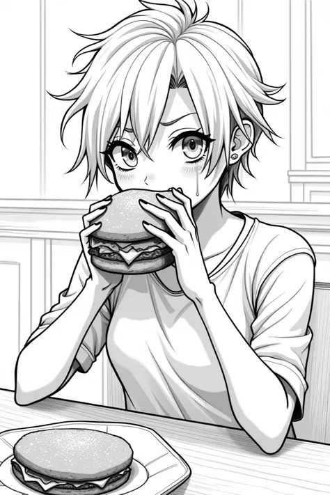 tomboy eating burger while seating , line art manga style