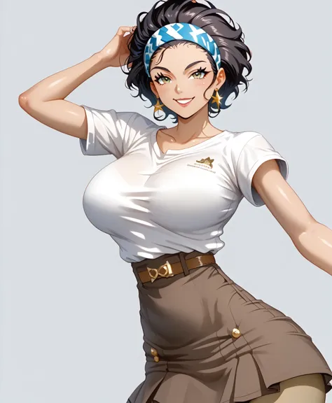 Not suitable for work, Mirando al espectador, High resolution,  illustration, A Young and Beautiful Woman (Cuerpo completo seductor, big breasts, thin waist , big butt, short blode hair, wearing a princess headband, ojos cubiertos por su pelo, daring smile...