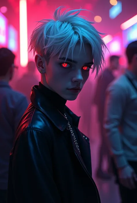 Give me a boy with white hair, red eyes at a nightclub